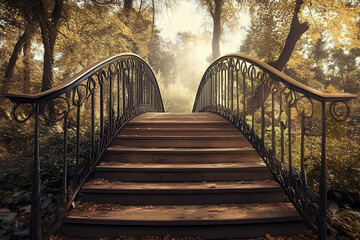 Fototapeta premium Charming wooden bridge crossing a stream in a vibrant autumn forest with colorful fall foliage