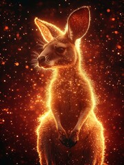 Majestic golden kangaroo leaps through shimmering light particles against a vibrant red backdrop in dynamic side view