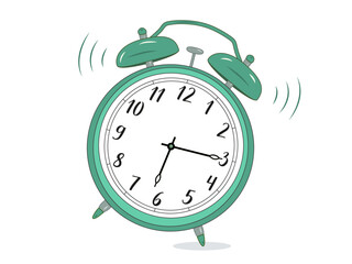 Illustration of a classic mechanical alarm clock with two bells and a hammer clanging. The clock face shows 6:15, with motion lines indicating the ringing effect. Simple design on a white background