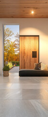 Modern interior design with open door revealing autumn landscape and natural light