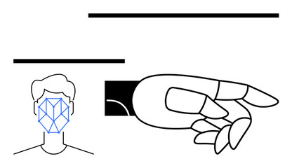 Robotic hand gesture complementing a human face with geometric face recognition lines, showcasing interaction between AI and human traits. Ideal for technology, AI, innovation, robotics, biometrics