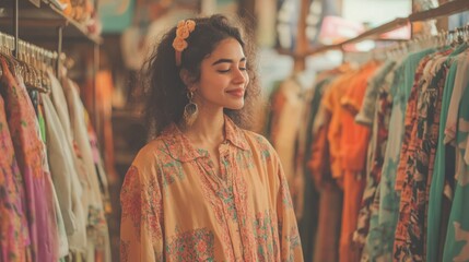 Obraz premium Indian woman shopping for an outfit while browsing clothing racks in a boutique.