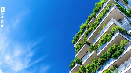 A modern building adorned with lush greenery against a bright blue sky, showcasing a blend of architecture and nature.