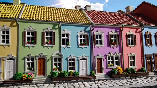 Vibrant tiltshift transformation of colorful european street in sunlight. 4k stock footage