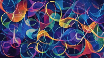 A vibrant abstract design featuring colorful, swirling lines against a dark background.