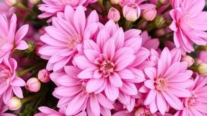 Obraz premium Delicate pink chrysanthemum petals unfolding in a lush bouquet, blossoming, flowers, arrangement