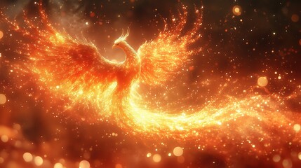 Majestic golden phoenix in flight surrounded by sparkling dust on a shimmering red background