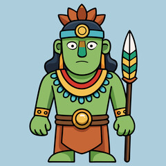 Obraz premium Ancient Warrior Illustration: A stylized, cartoon-like illustration of an ancient warrior. The warrior holds a spear, exuding an air of strength and cultural depth.