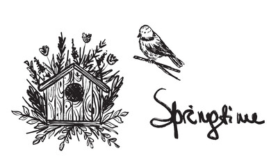 Bird feeder birdhouse and bluetit in black brush stroke texture isolated on white background. Hand drawn vector sketch illustration in vintage charcoal ink. Spring park, nature. Greeting card design