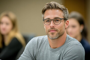 Fototapeta premium Professional Man in Office Setting Listening Attentively During a Meeting