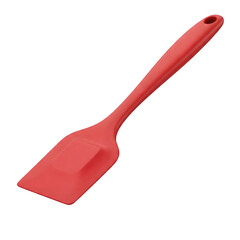 Isolated red plastic kitchen utensils, including a spoon and spatula
