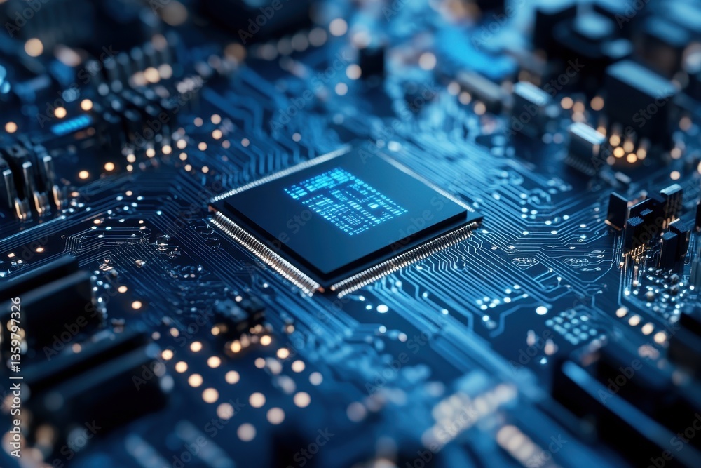 Poster close-up view of a microchip on a circuit board with intricate electronic components