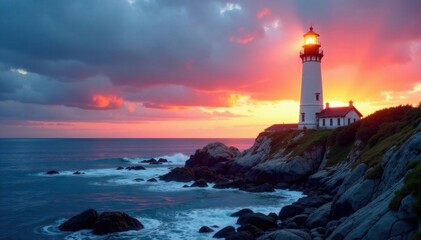 A lighthouse standing tall on a rocky coastline at dawn, sunrise, ocean view