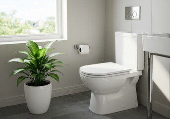 Modern bathroom design serene ambiance white toilet plant. AI Generated