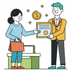 Investment Deal: A vibrant illustration depicts a pivotal moment where a transaction takes place. An exchange of a certificate of a deal with money in exchange and both of them look satisfied