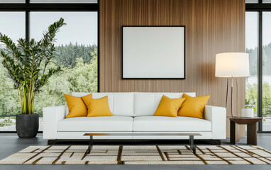 Modern living room with white sofa and yellow accents overlooking lush greenery
