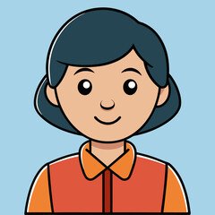 Cartoon Young Woman: A young woman with short hair, dressed in an orange collared shirt, smiles warmly in a clean, inviting cartoon illustration.