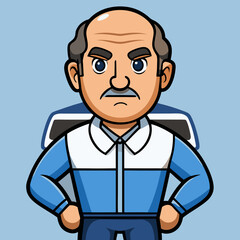 Caricature of Male Mechanic with Tool Box: A friendly male mechanic cartoon caricature features expressive eyes and an engaging smile, tool box perched behind