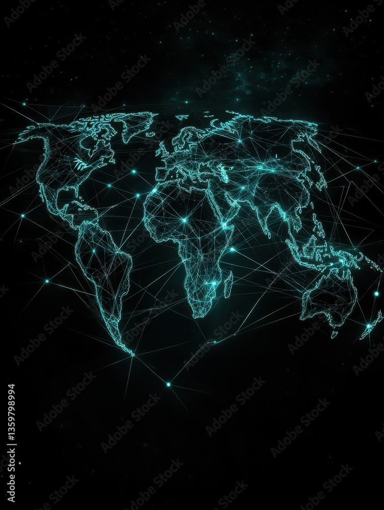 Aufkleber abstract visualization of global network connections glowing lines link floating data nodes across w