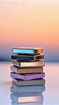 A colorful stack of rectangular magnets reflecting a soft sunset glow against a blurred background