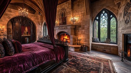 Obraz premium Historic castle bedroom, grand bed with rich velvet drapes, large stone fireplace, intricate medieval decor, arched windows with scenic views, wide-angle front-facing shot 