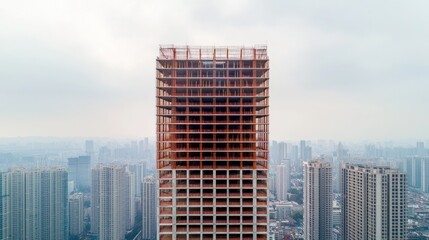 Fototapeta premium Construction site progress skyscraper rising in urban landscape wide-angle view modern architecture