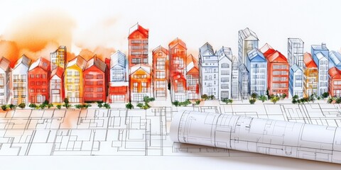A vibrant architectural illustration featuring colorful buildings and blueprints, showcasing a creative urban landscape.