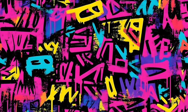 Vibrant abstract pattern featuring colorful graffiti-style shapes and letters on a dark background