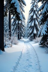 Naklejka premium Snow-covered forest path winding between trees, serene, snowy forest, peaceful