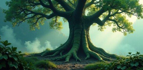 Ancient tree roots visible through misty veil, fog, misty forest