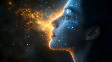 Ethereal portrait of a woman with a cosmic glow, surrounded by a starry backdrop, symbolizing dreams