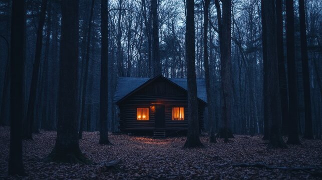 Eerie tranquility, Illuminated cabin nestled within a dense autumn woodland