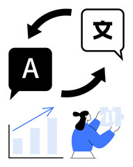 Obraz premium Two speech bubbles with arrows represent translation. A woman holds a puzzle piece resembling collaboration. A rising bar graph suggests growth. Ideal for communication, learning, technology