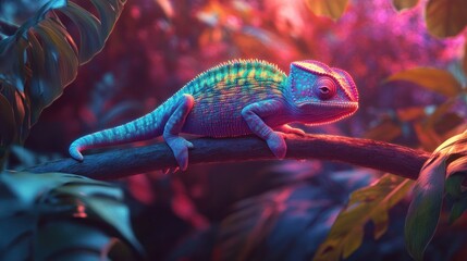 Vibrant chameleon resting on a branch amidst lush foliage under colorful light
