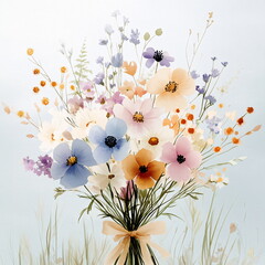 Delicate Floral Arrangement of Pastel Wildflowers in a Serene Meadow Setting