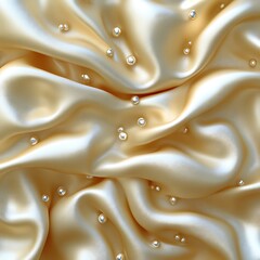 Obraz premium Elegant gold silk fabric, pearls scattered, studio shot, background blur, luxury texture