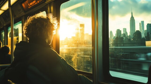 Fototapeta Golden hour contemplation, New York City skyline seen from moving train