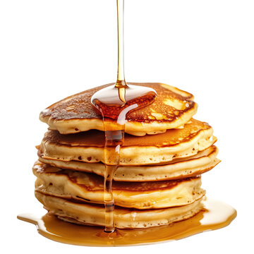 Stack of fluffy pancakes being drizzled with golden syrup tempting and delicious breakfast treat isolated on png transparent background