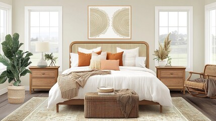 Fototapeta premium Minimal bedroom design, cozy bed with layered textures, light-toned furniture with coastal flair, blank mock-up wall enhancing simplicity, wide-angle front-facing view. 