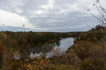 autumn landscape in cloudy weather with a lake and deciduous trees
