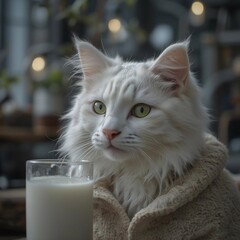 Fluffy white cat Caddy with green eyes in sweater drinks milk.