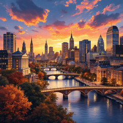 Fototapeta premium this is a beautiful image of a a modern city with tall buildings with a river flowing too .