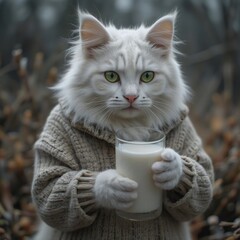 Fluffy white cat Caddy with green eyes in sweater drinks milk.