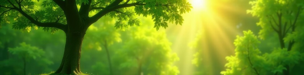 Obraz premium Sunlight filtering through the leaves of a solitary tree, green, branch, serene