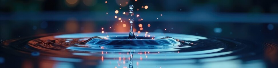 Water droplets falling on a mirror-like lake surface at night, dusk, mirror