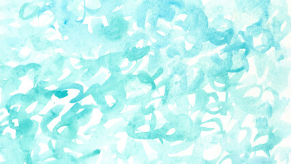 Aqua Green Watercolor Abstract Brushstroke Pattern in 16:9 Screen Size, Powerpoint Display. Hand Painted Wallpaper Surface and Background.