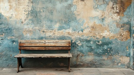 Weathered Wooden Bench Against a Distressed Wall