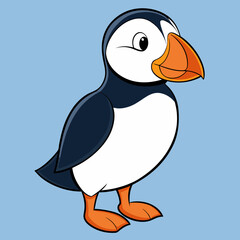 Puffin Cartoon Illustration: A cheerful cartoon puffin, with its vibrant beak and endearing expression, stands against a tranquil backdrop.