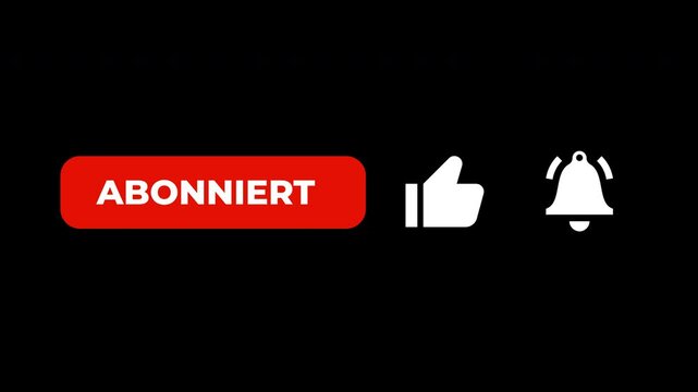 German Language Subscribe Button Animation.  Subscribe Button Youtube With Bell and Like. Deutsch, Abonnieren, Abonniert. Alpha Channel
