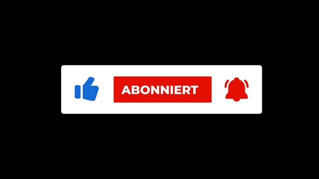 German Language Subscribe Button Animation.  Mouse Click Subscribe Button With Bell and Like. Deutsch, Abonnieren, Abonniert. Alpha Channel